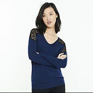 NEW Express Wool V Neck Long Sleeve Pullover Sweater Black Lace Shoulder Large